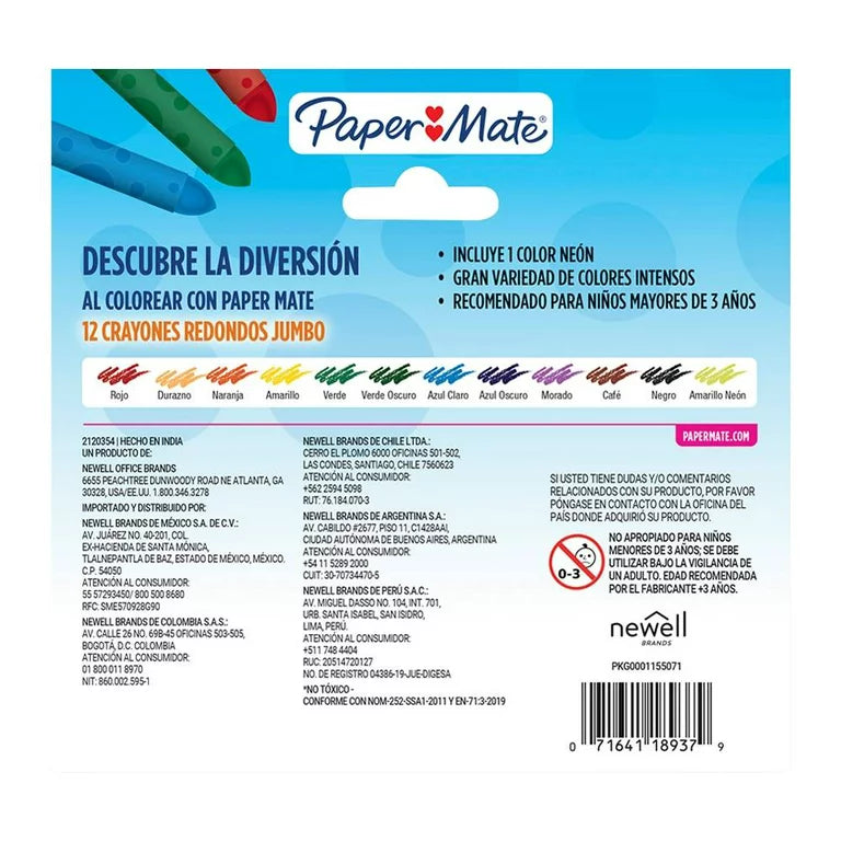Crayones De Colores Paper Mate Jumbo Redondos 12 Piezas