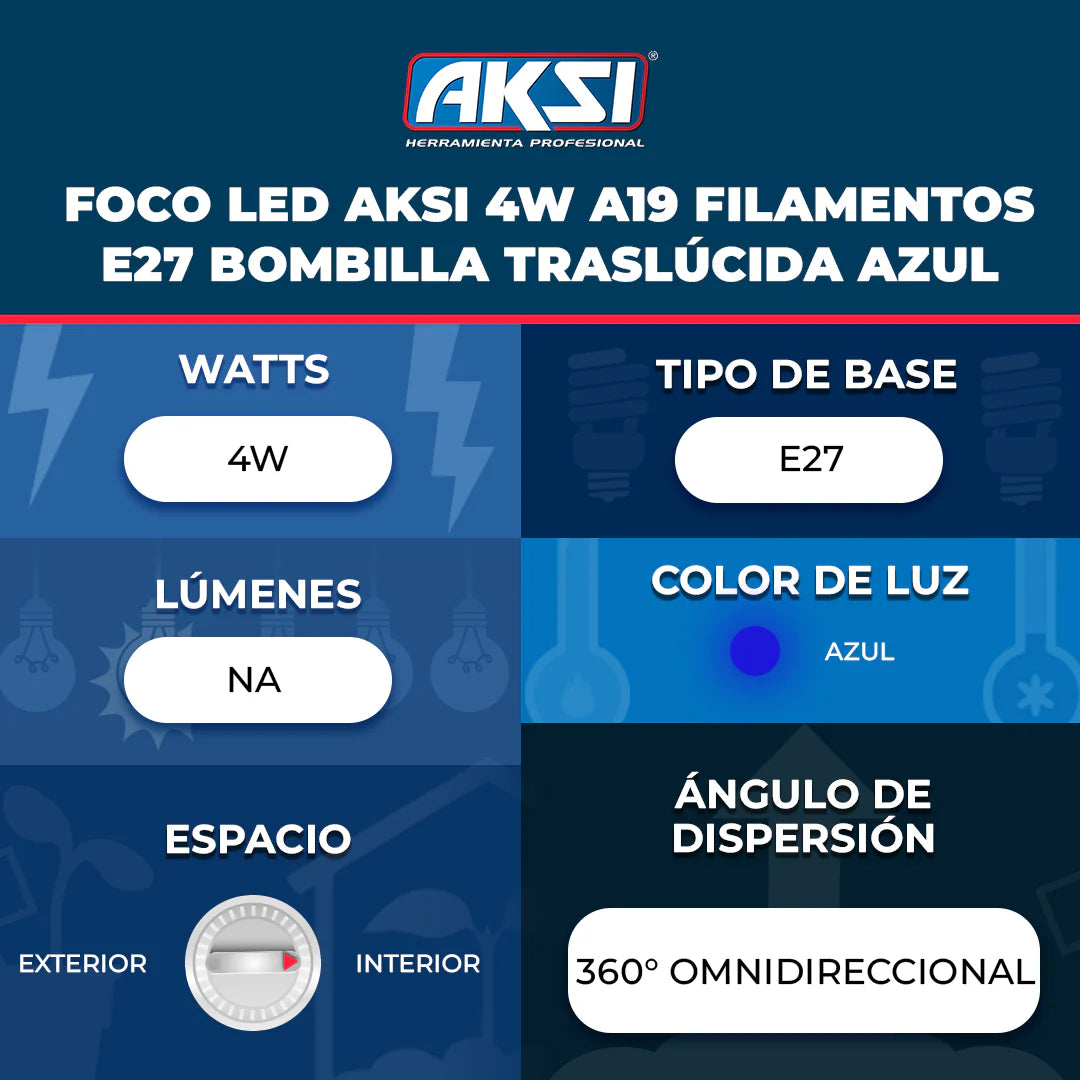 6 piezas Foco LED Aksi Filamento A19 Azul Base E27 127V