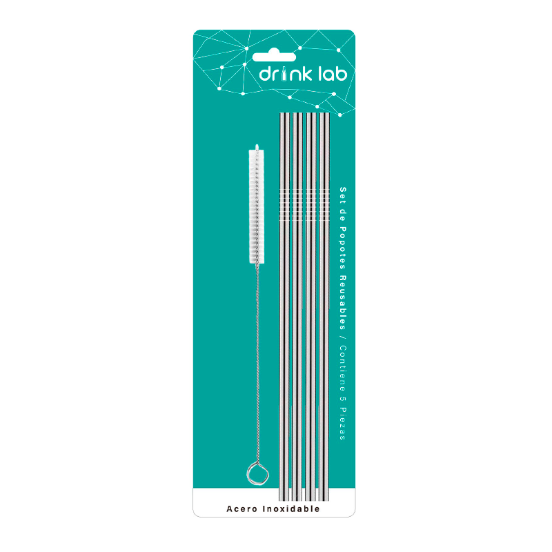 4 Sets de 4 Popotes Reusables de Acero Inoxidable Rectos Ergonómico Drink Lab