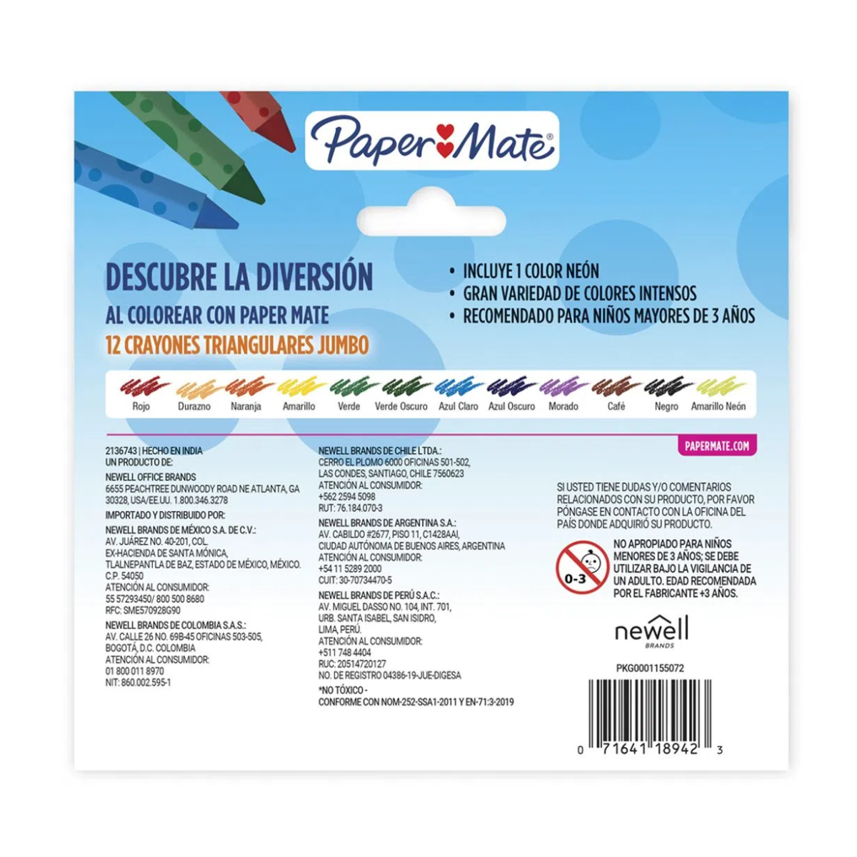 Crayones Jumbo Triangulares Paper Mate Extra Grueso 12 Piezas