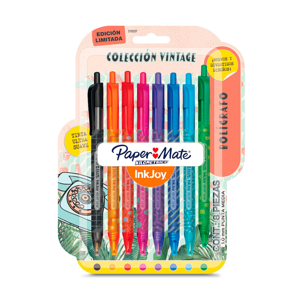 Plumas de Colores Retráctiles Paper Mate Vintage Punto Medio 8 Piezas