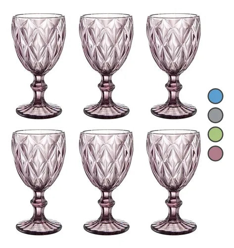 Juego 6 Copas Vino Agua Cristal Labrado Vidrio Colores 245ml Elegir Color - MarchanteMX