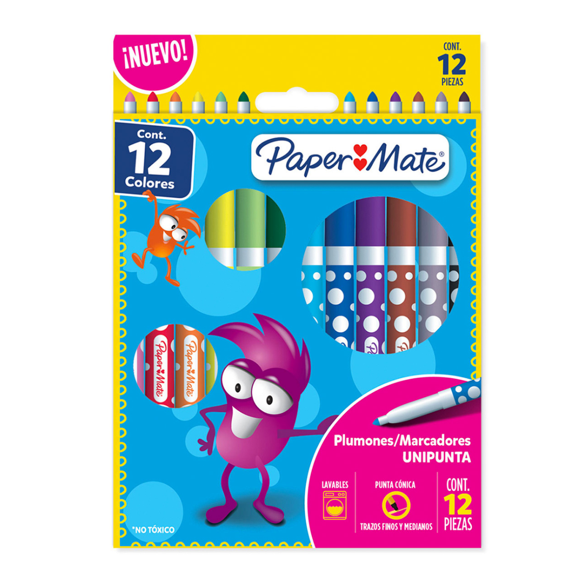 Plumones Marcadores Paper Mate Lavables Colores Surtidos 12 Piezas