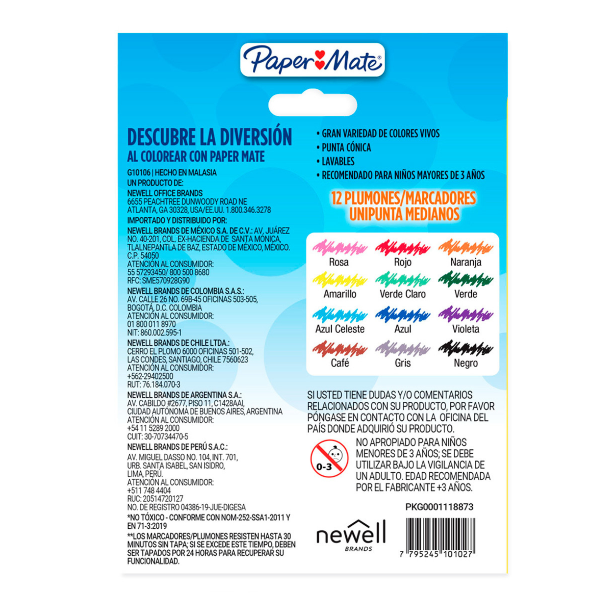 Plumones Marcadores Paper Mate Lavables Colores Surtidos 12 Piezas