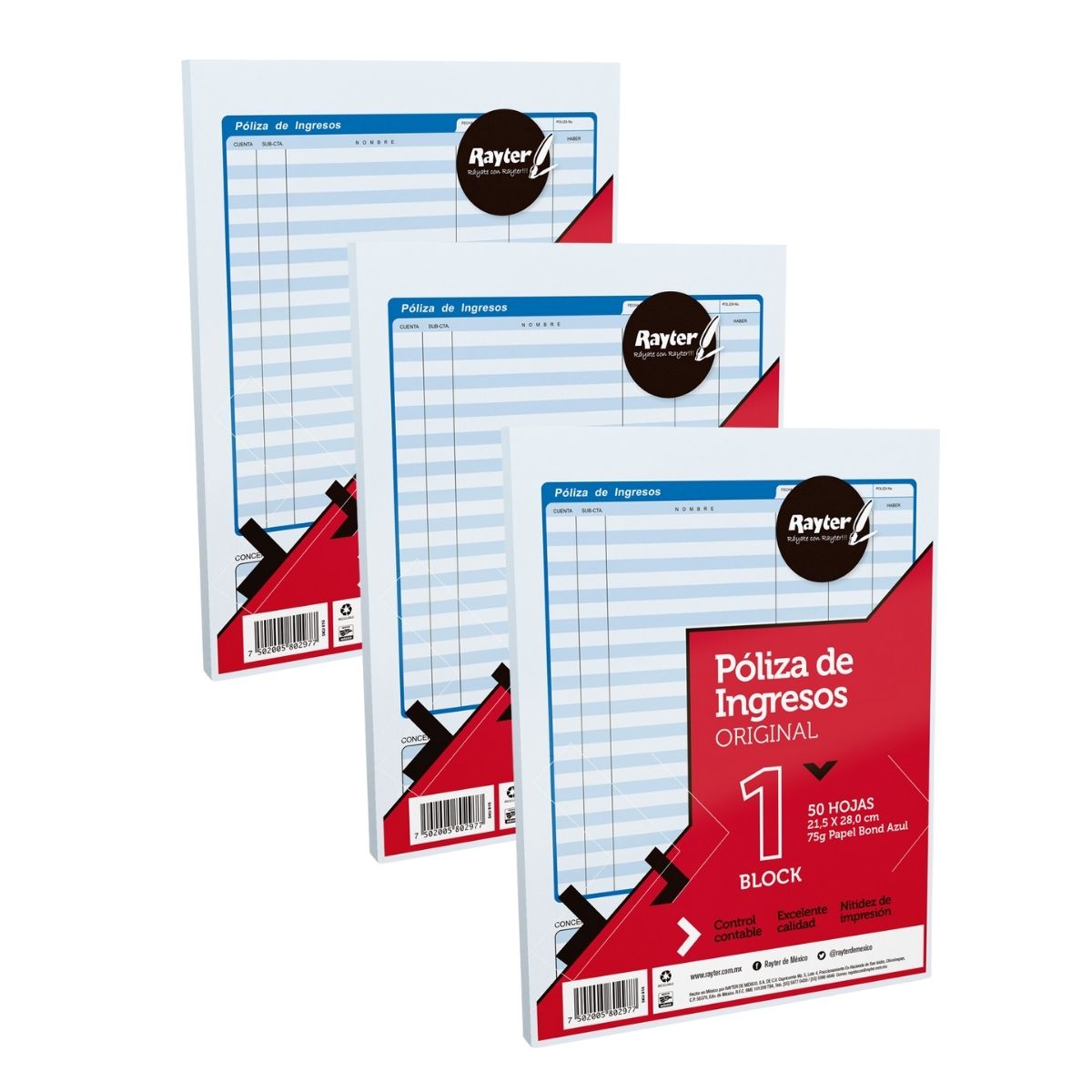 3 Block Poliza Ingresos Rayter Azul Tamaño Carta 50 H C/u