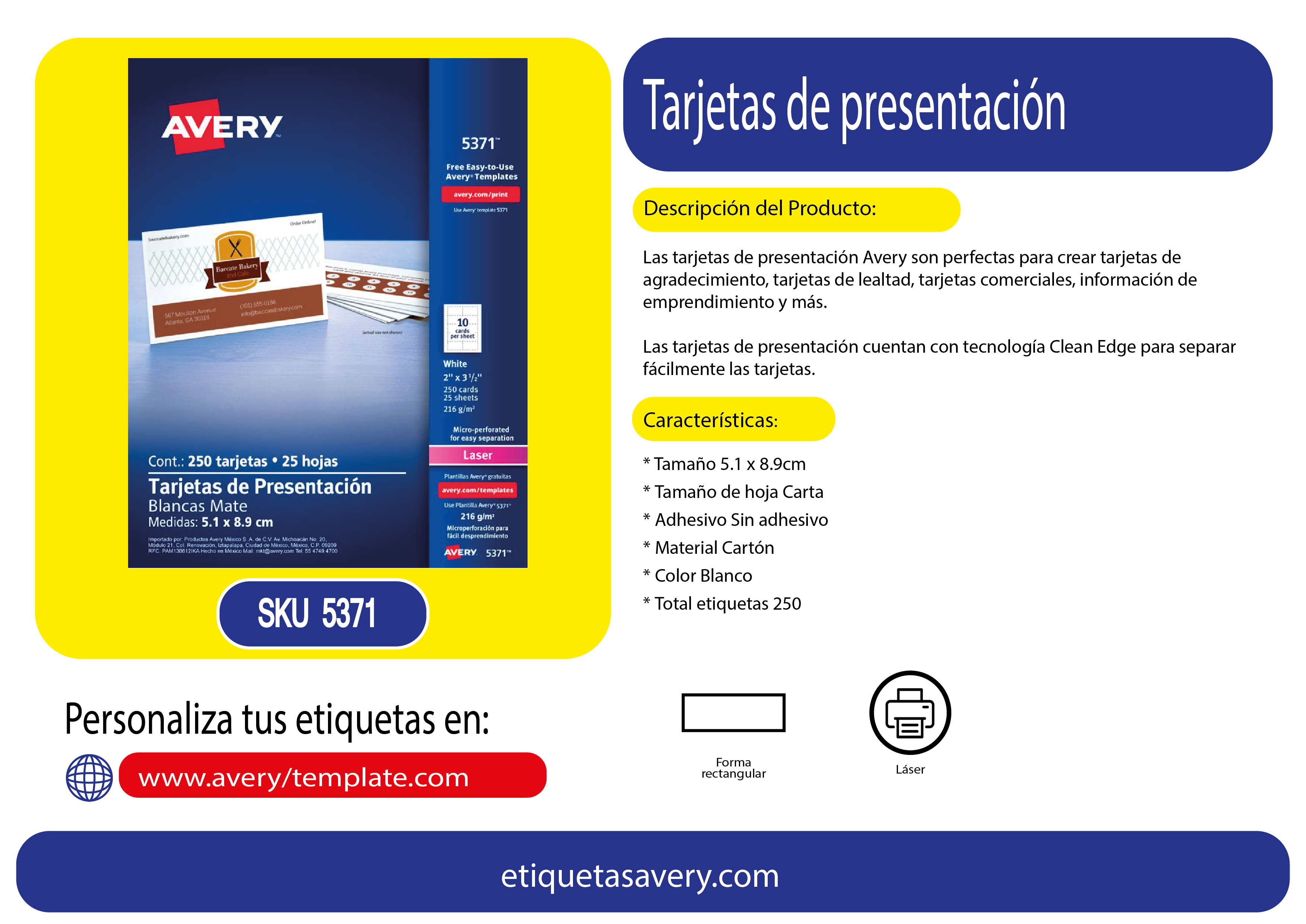 250pz Tarjeta Presentacion Avery Blanca Laser 5.1 X 8.9 Cm