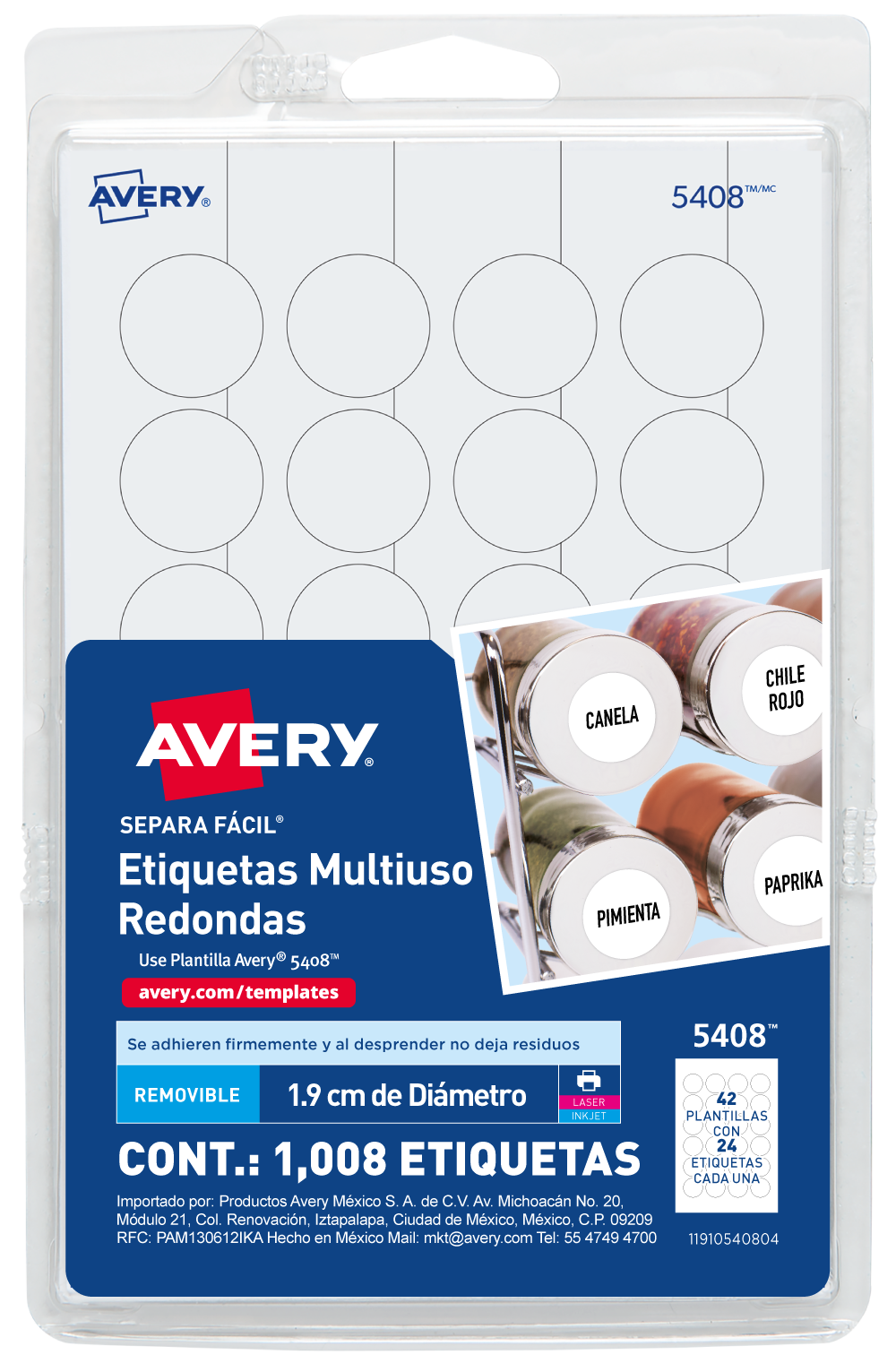 1008 Etiquetas Redonda Removible Avery Blanco 1.9cm Codigo