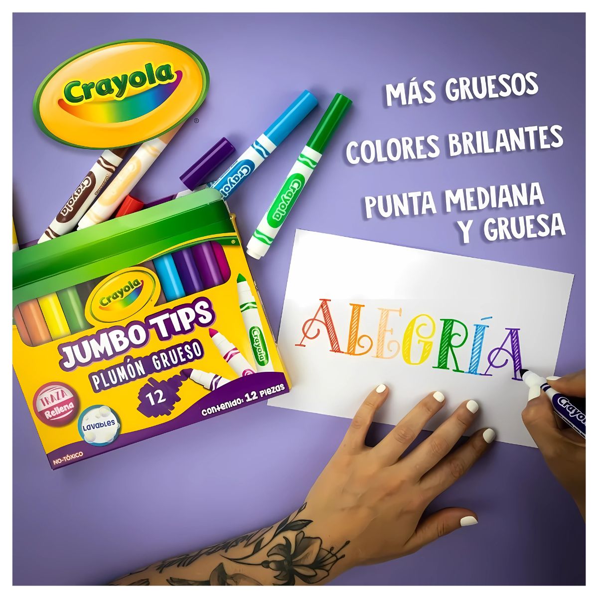 12 Marcadores Gruesos Lavable Brillantes Jumbo Tips Crayola