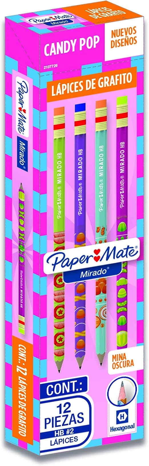 Lápices de Grafito Paper Mate Hexagonal Hb #2 Candy Pop 12 Piezas