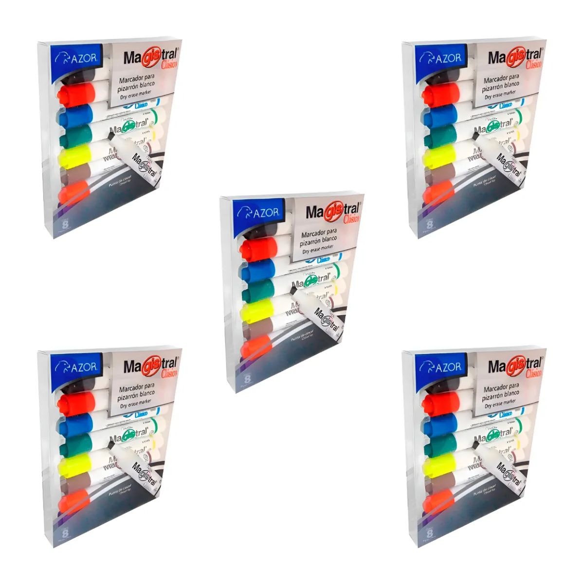 5 Pack 8 Marcadores Pizarron Magistral Clasico 6mm Azor Colores