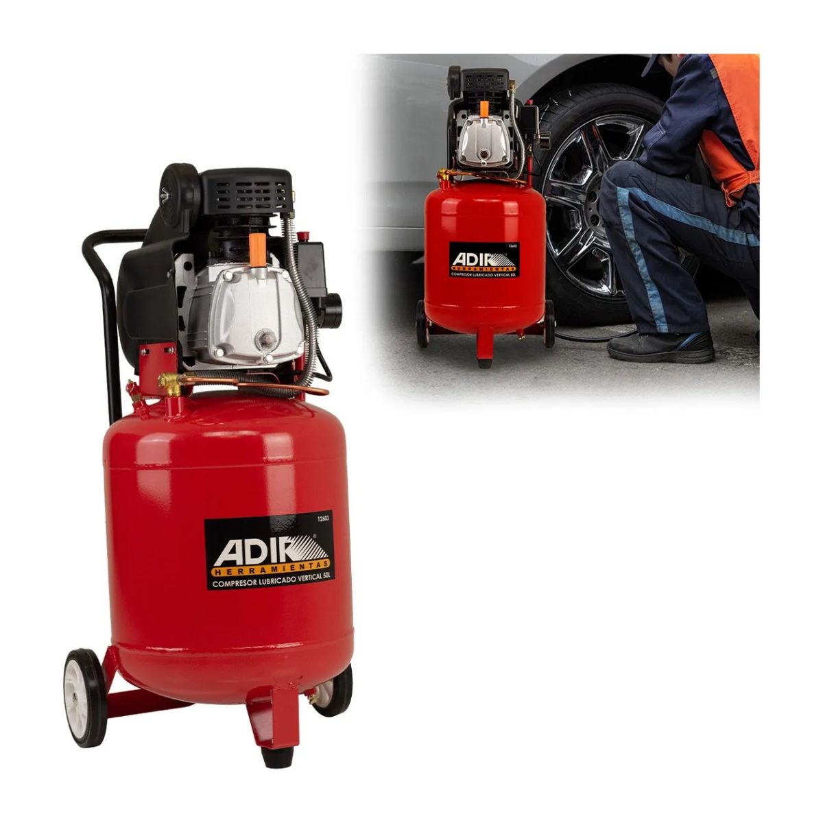 Compresor Eléctrico Lubricado Vertical 3.5hp 50 Lts 116 Psi Adir12603 Color Rojo Versátil Eficaz