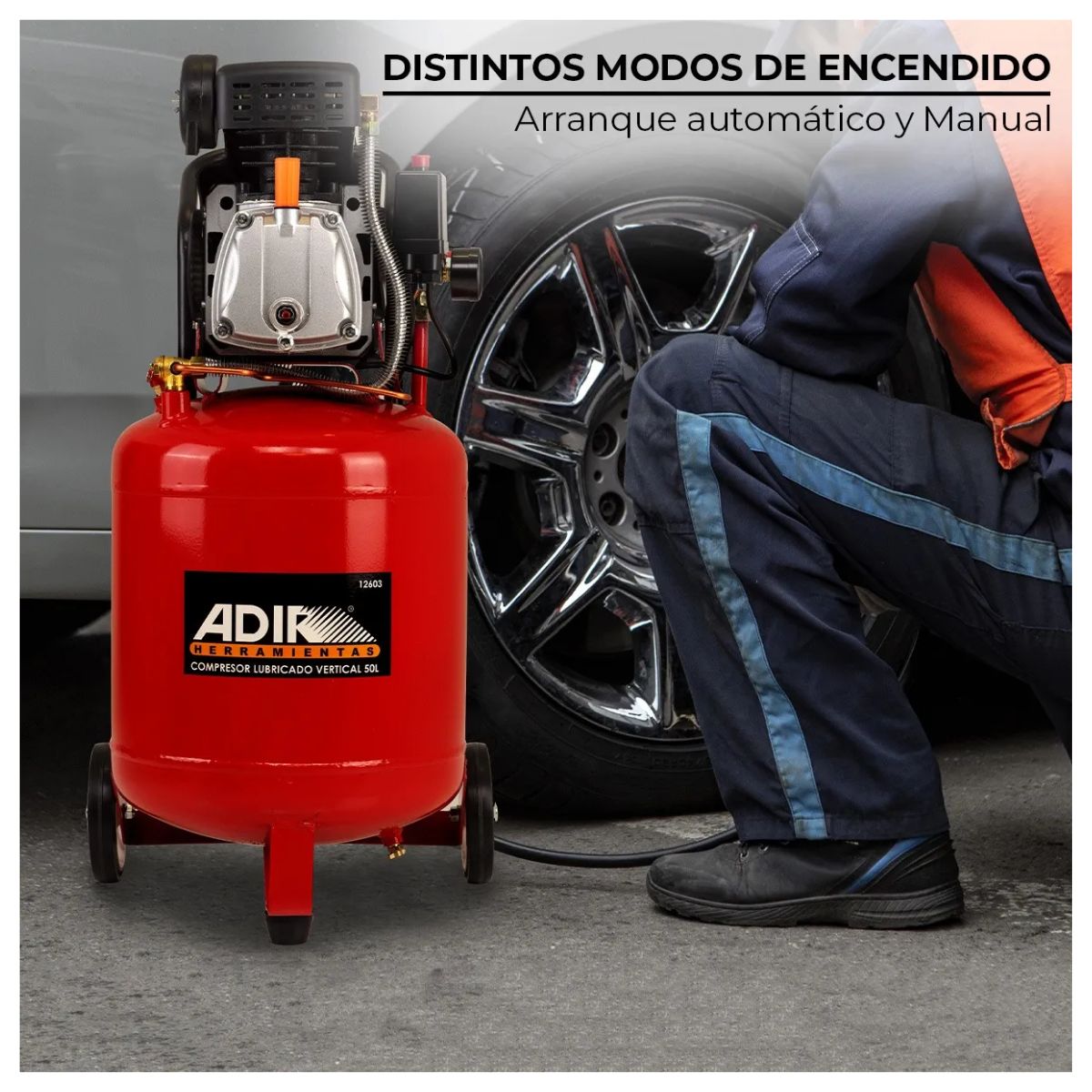 Compresor Eléctrico Lubricado Vertical 3.5hp 50 Lts 116 Psi Adir12603 Color Rojo Versátil Eficaz
