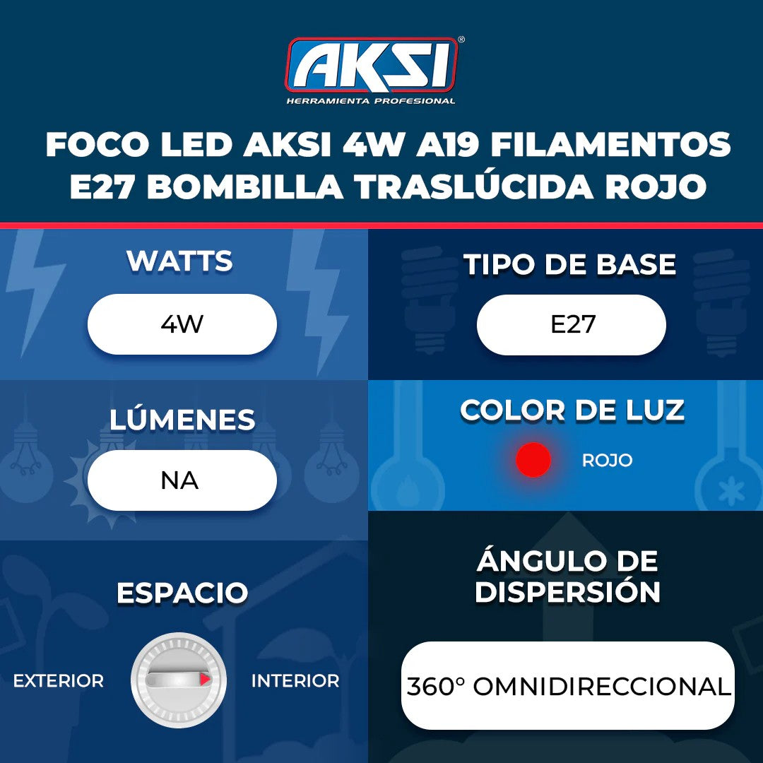 Foco LED Aksi Filamento A19 Rojo 4W
