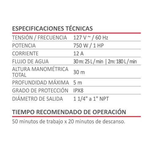 Bomba Sumergible Aksi 191311 Agua Limpia Aluminio 1 HP 750 W