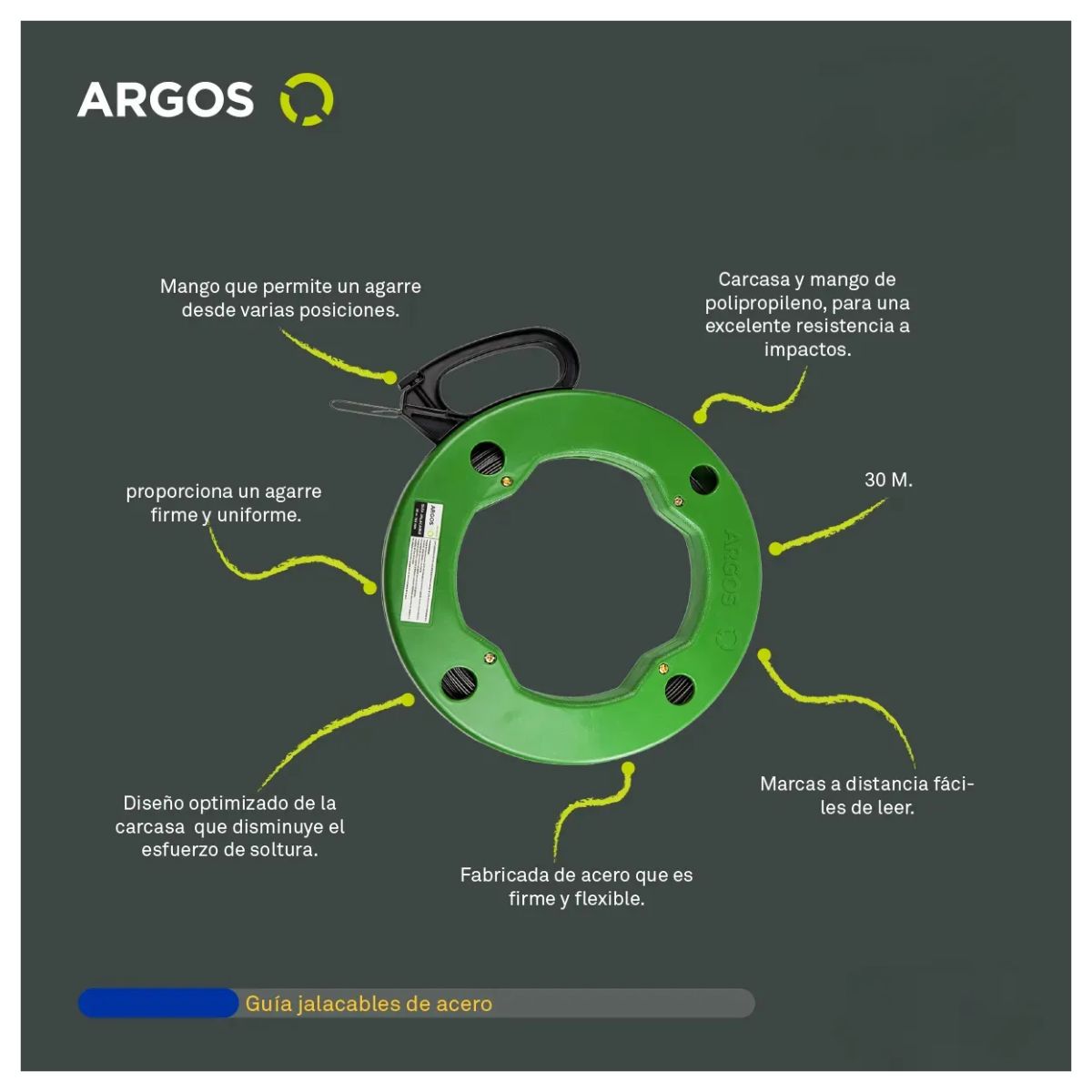 Guia Jalacable 30 Metros Argos Acero Metalica Mango Flexible