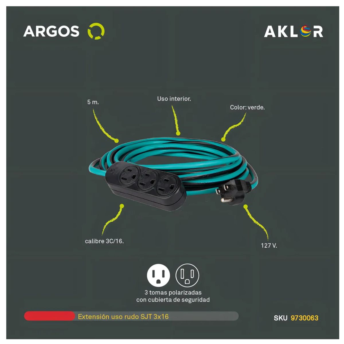Extensión Argos 5m Uso Rudo Sjt 3x16 Uso Interior 127v
