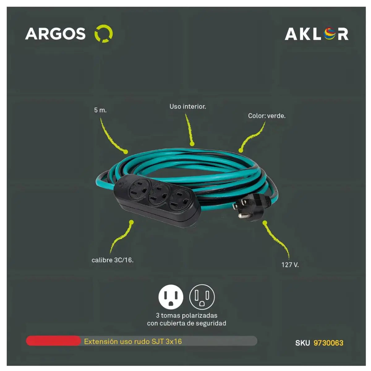 Extensión Argos 5m Uso Rudo Sjt 3x16 Uso Interior 127v - Argos - accesorios