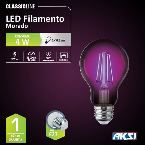 Foco LED Aksi 4W A19 Filamentos Base E27 Bombilla Traslúcida Lila
