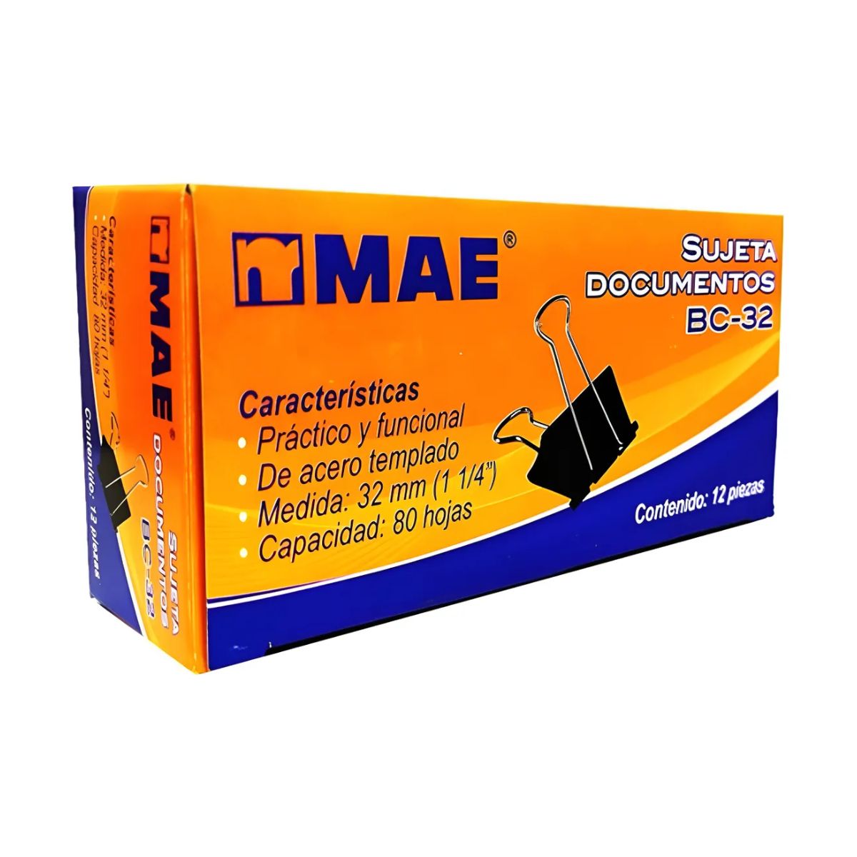 12 pzs Sujeta Documentos Clip Pinza Mae 32mm Negro Oficina