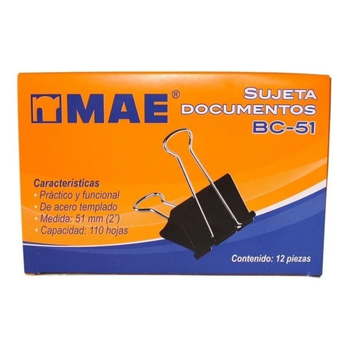 12 pzs Sujeta-Documentos de 51 mm Marca MAE