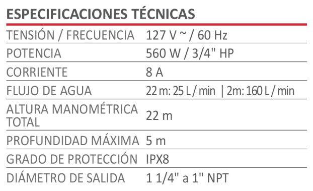 Bomba Sumergible 560 W Aksi 3/4 HP para Agua Limpia