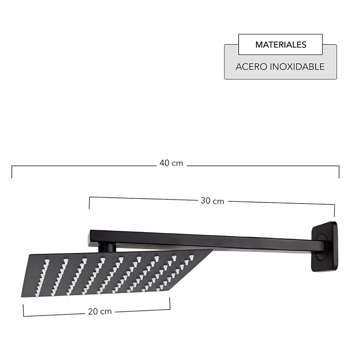 Regadera Cuadrada 20cm Negra Con Tubo Cuadrado Negro Mate