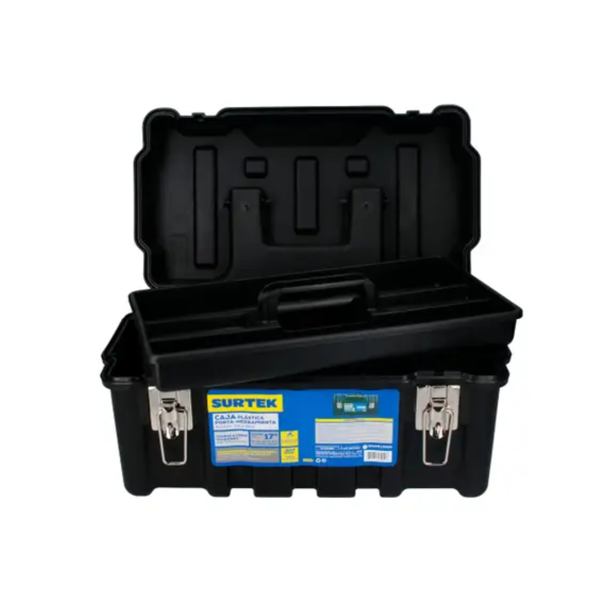 Caja Porta Herramientas Surtek Plástica Broches Metálicos Color Negro 17" x 9" x 8"