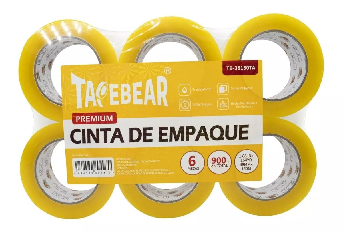 6pz Cinta Canela Transparente Empaque Tapebear Rollo 48mm150m