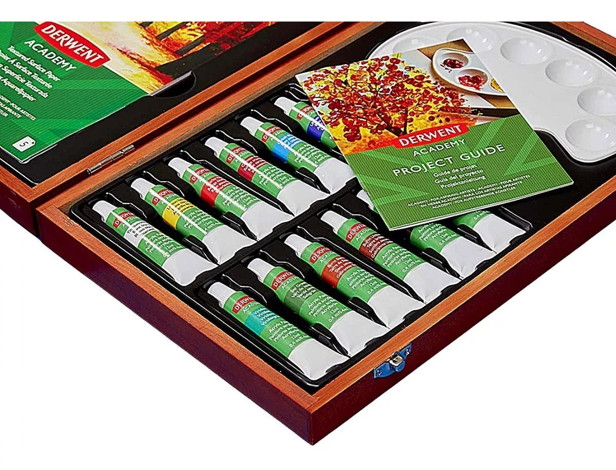 Set Regalo Madera Pintura Acrilica Tubo Derwent Academy 18 Piezas