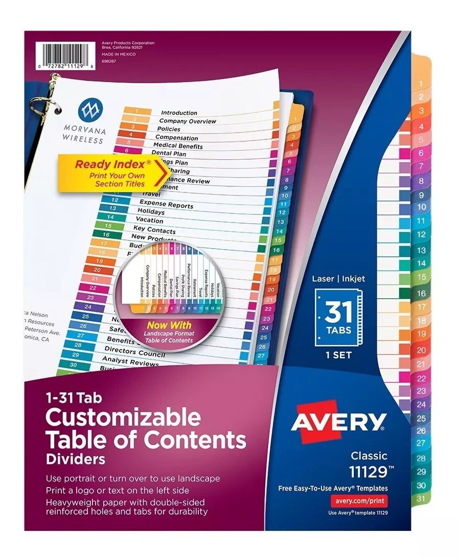 31 Separador Pestañas Numericas Avery Carpeta Multicolores