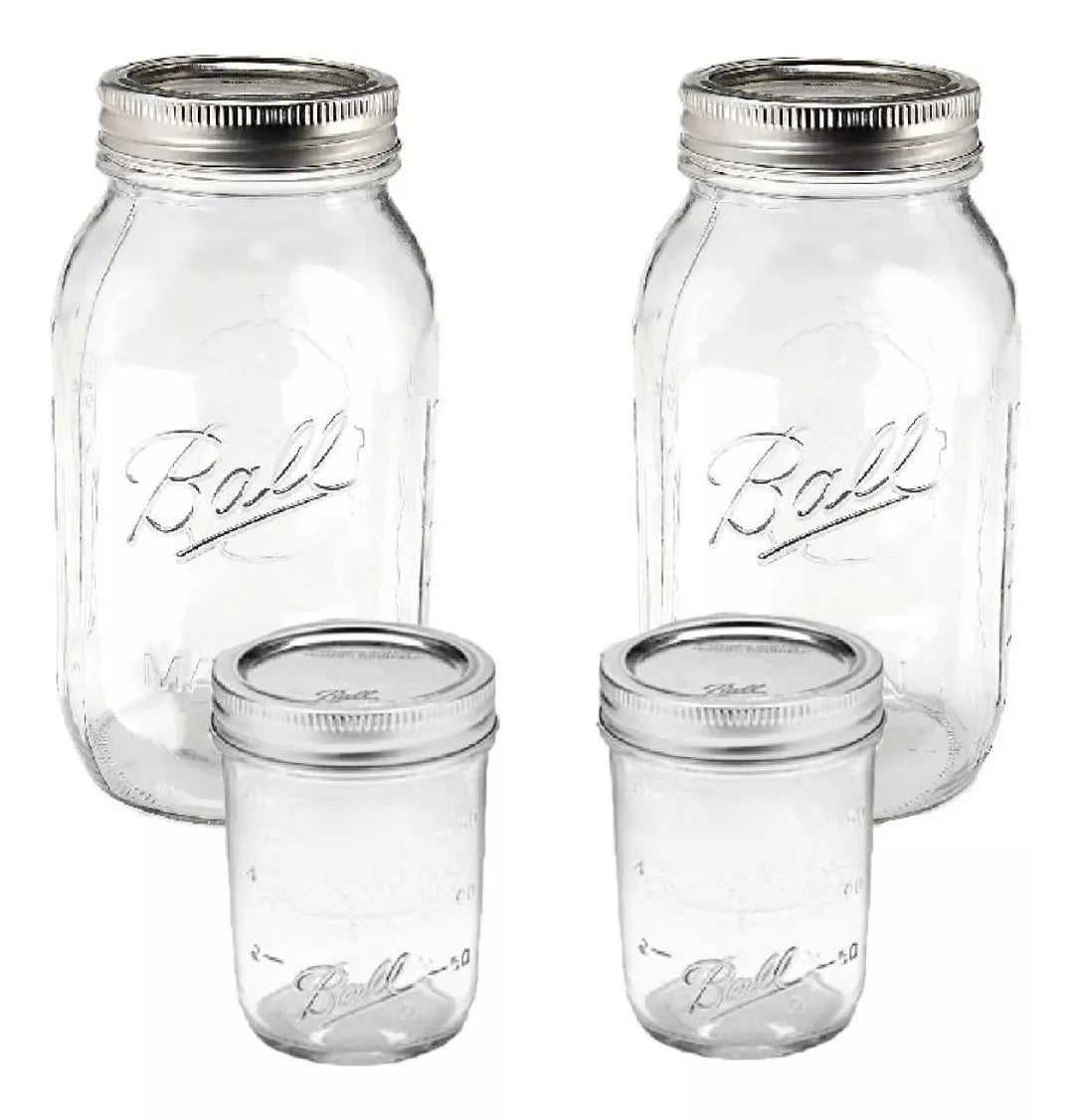 4 Mason Jars Ball Vidrio 2 Boca Regular 2 Ancha 473ml 943ml