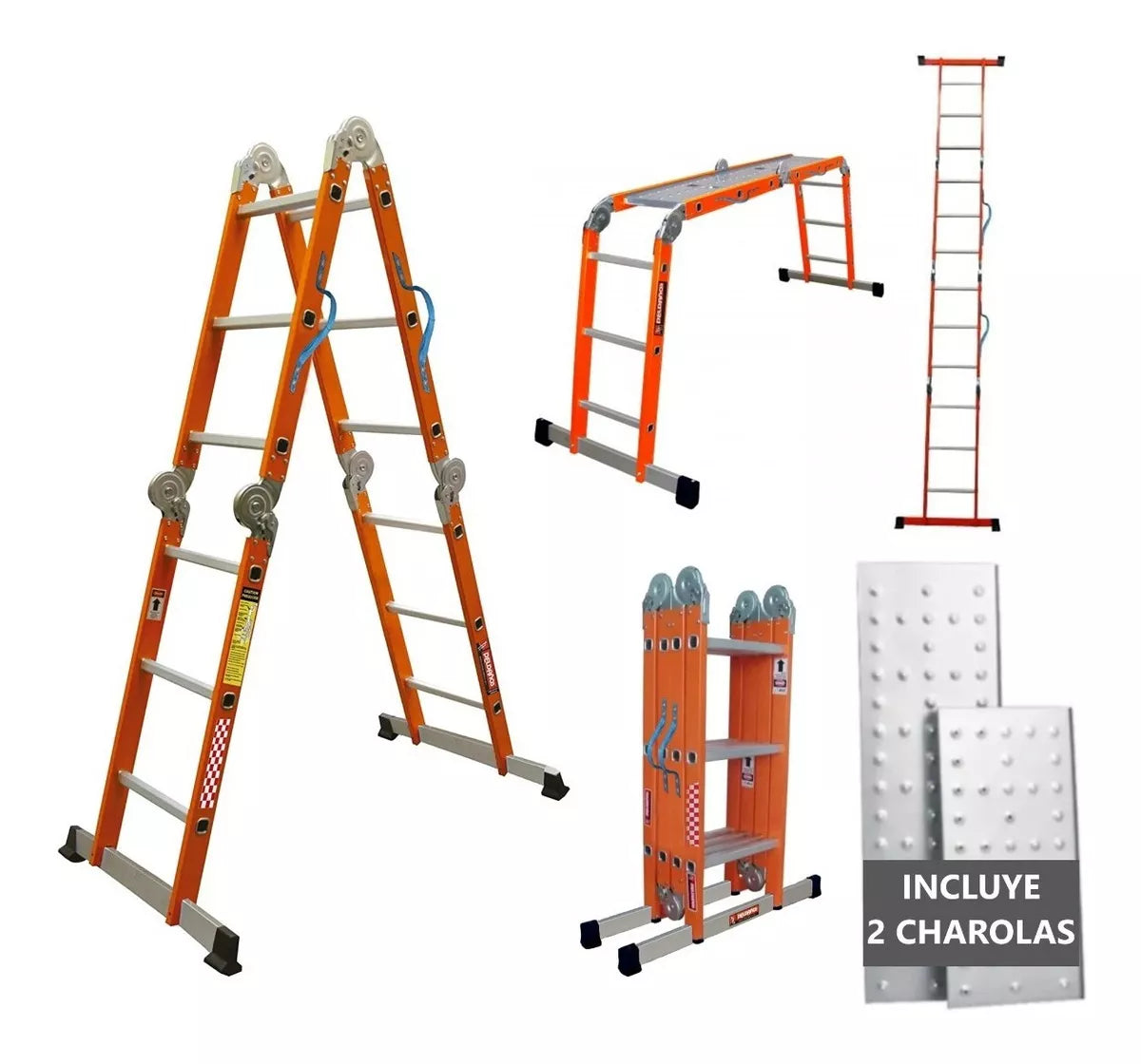 Escalera Acero Multiposiciones Peldaños Naranja 12 Escalones