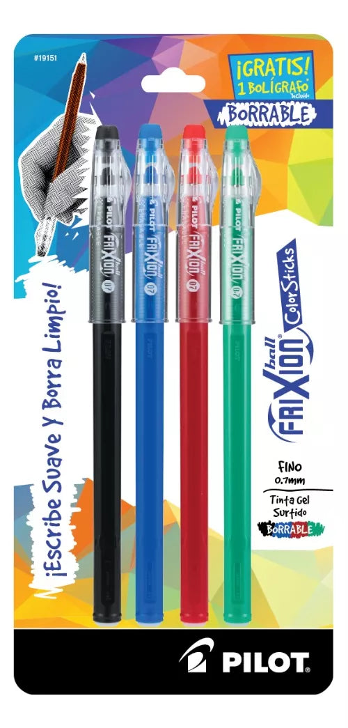 PILOT Frixion - Bolígrafos borrables de punta fina, recargables y  retráctiles, 4 bolígrafos de gel borrables con 6 recambios