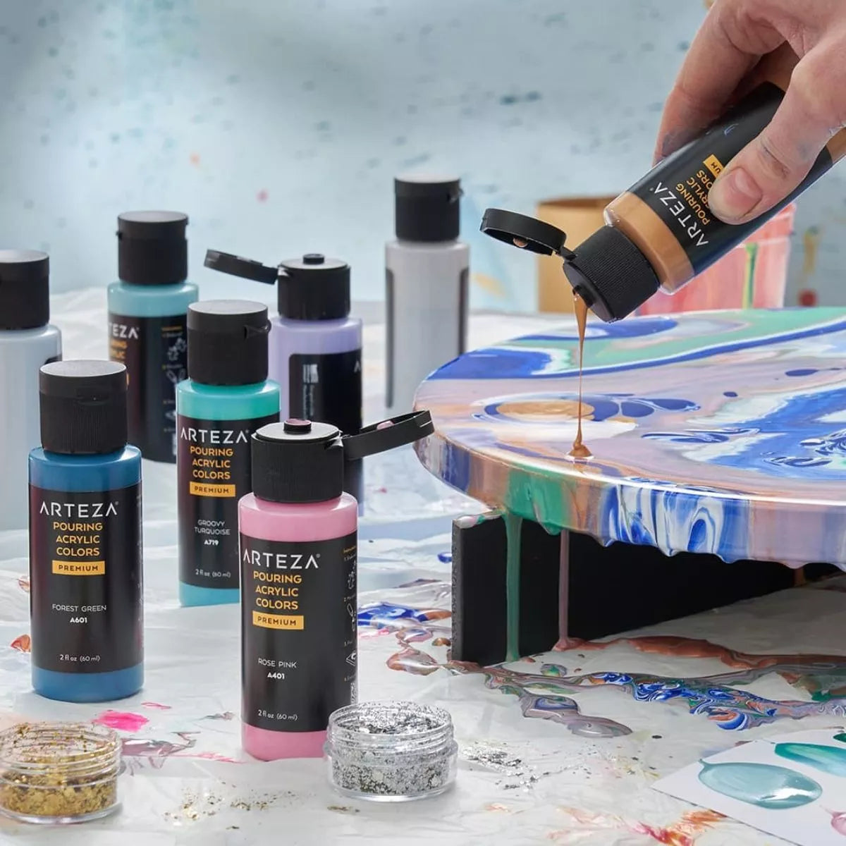 4 Botellas Pintura Acrilica Arteza 118ml Tonos Aqua