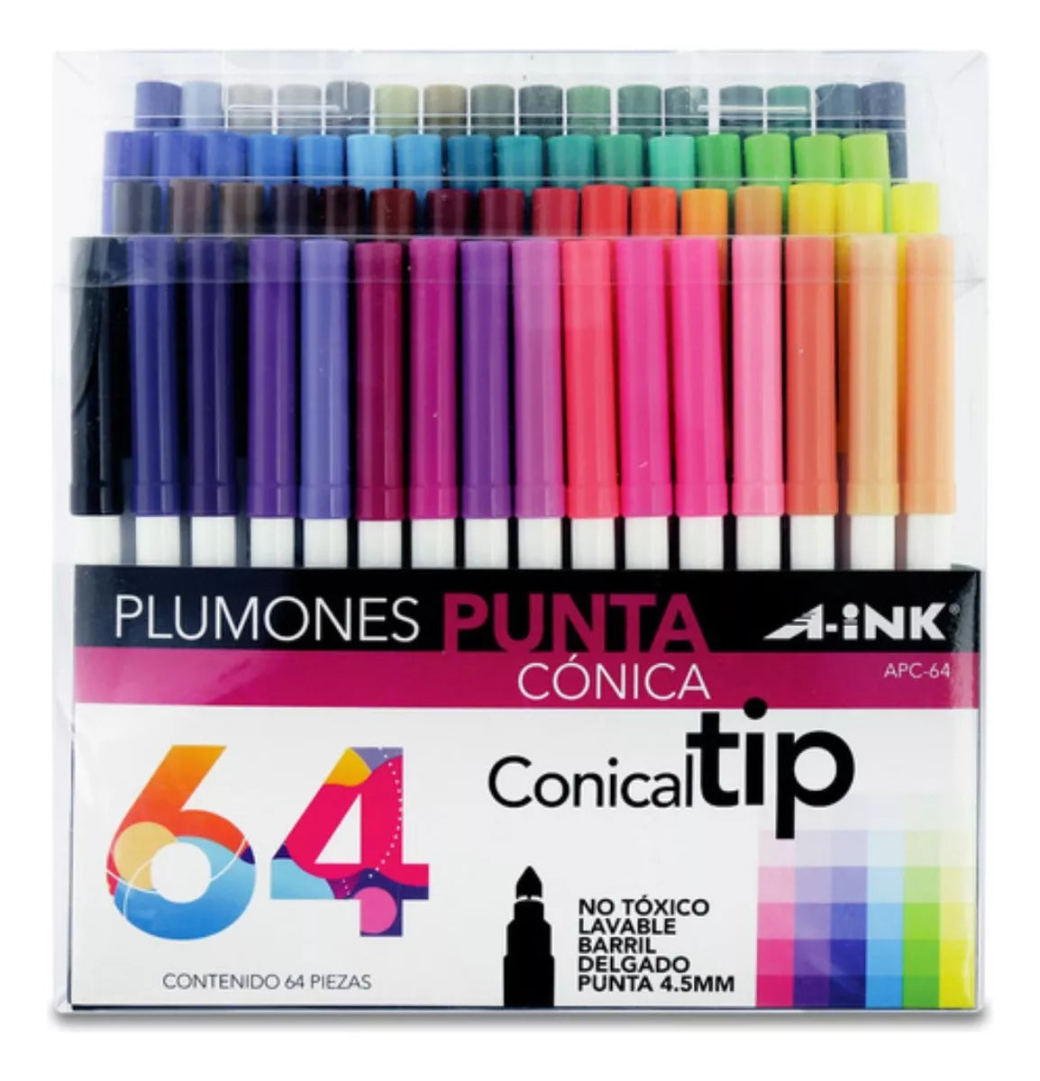 64 Plumones Marcadores A-ink Punta Conica Colores Base Agua