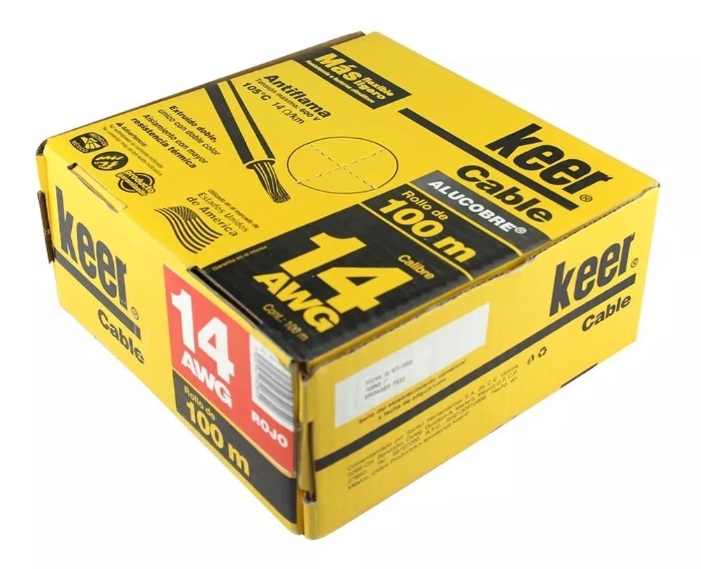 100 Metros Cable Ligero Keer 14 Awg Rojo Antiflama 1875 W