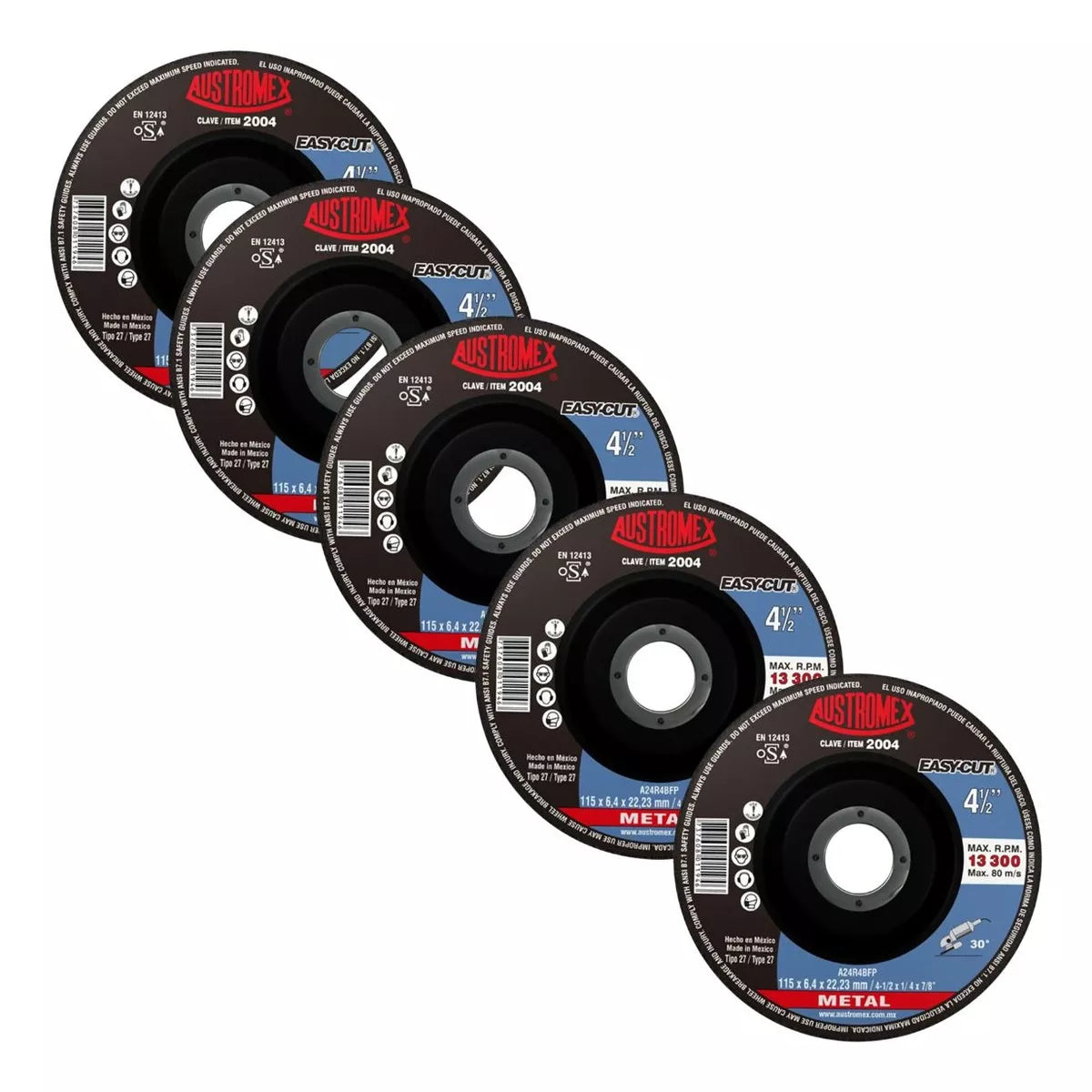 5pz Disco Abrasivo 2004 Austromex Grano 24 4-1/2'' Metal