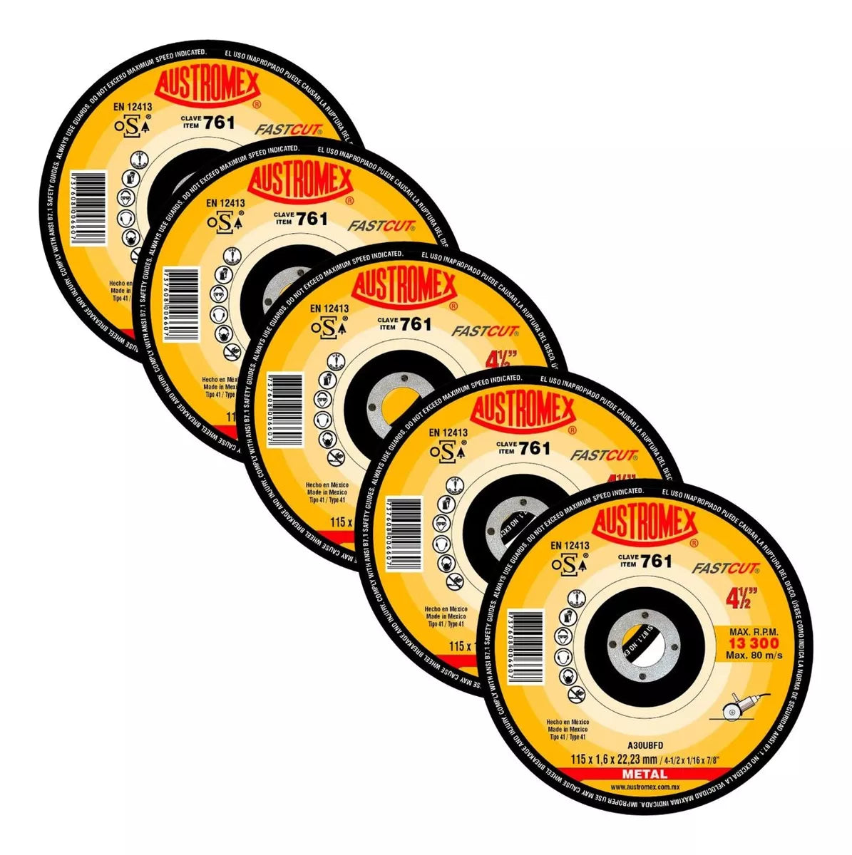 5pz Disco Abrasivo Corte 761 Austromex 4-1/2'' G30 Acero