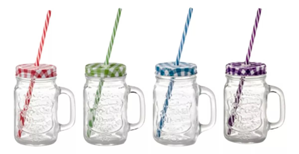 12pz Frasco Mason Jar Grabado 480ml Tapa Popote Vidrio Color