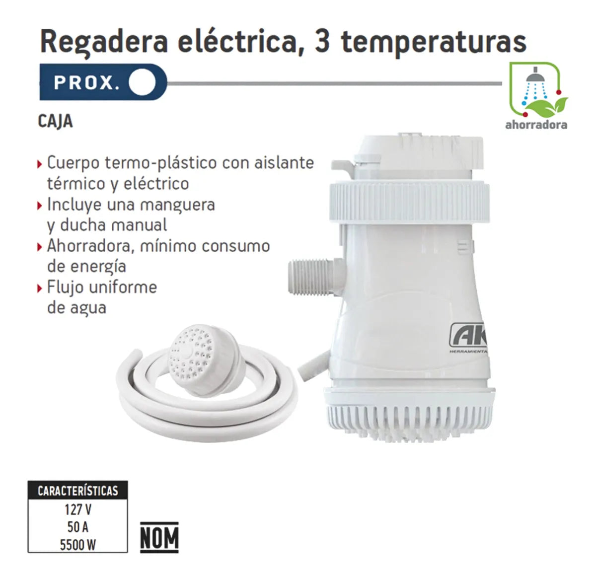 Regadera Eléctrica AKSI 3 Temperaturas 5500W color Blanco
