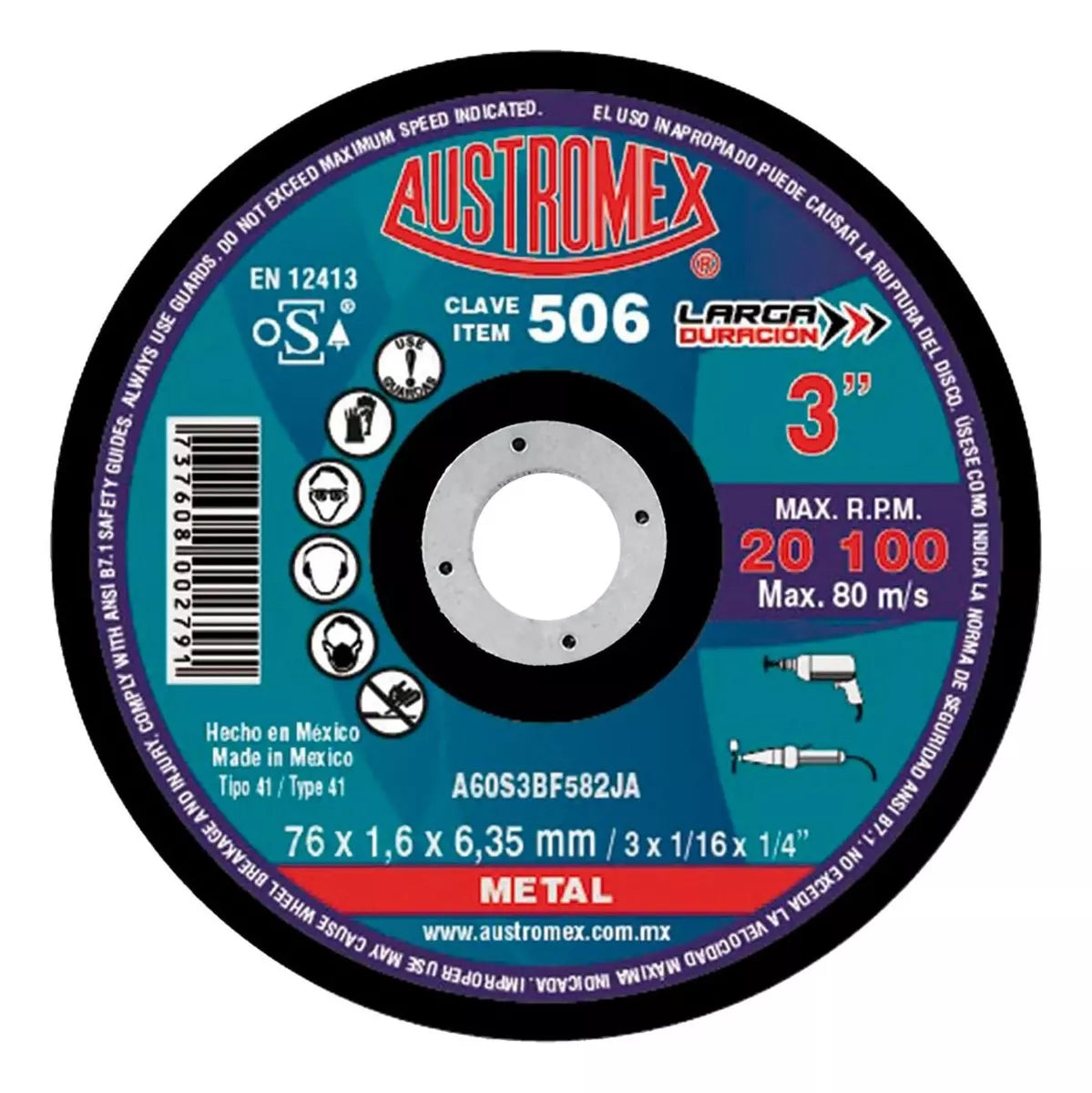 25pz Disco Abrasivo Corte 506 Austromex 3'' Grano 60 Metal