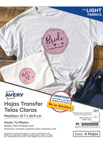 6 Hojas Transfer Tela Blanca Avery Sublimacion 21.7 X 29.1