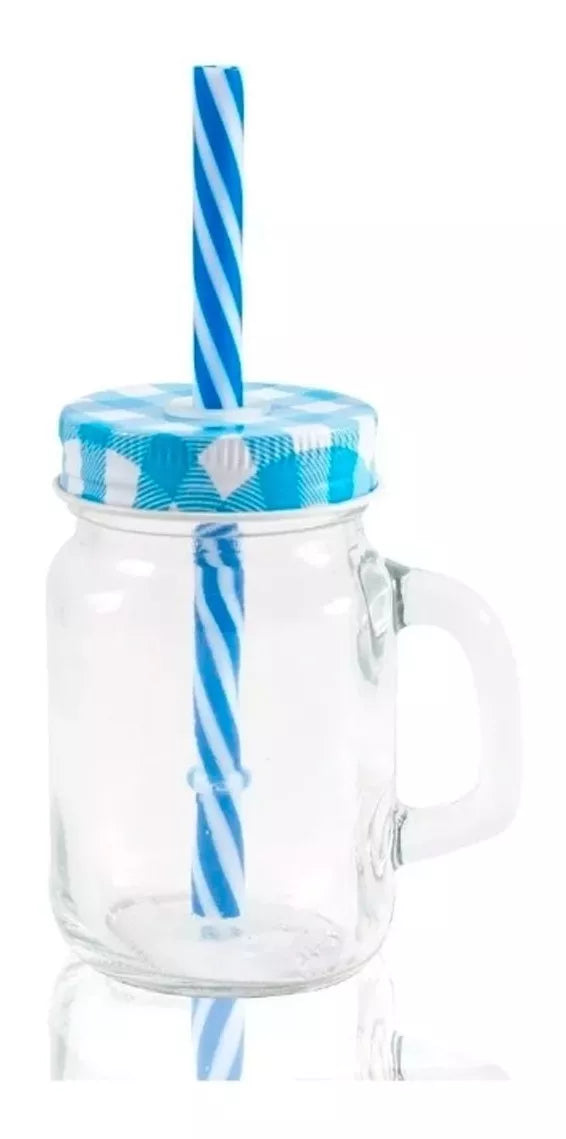 12 Mason Jars 4oz Mini Con Asa Frasco Tarro Vaso Tapa Popote