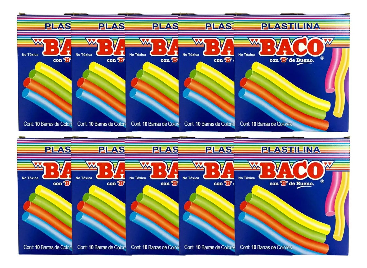 10cajas C/10 Barras Plastilina Baco Colores Surtidos Escolar