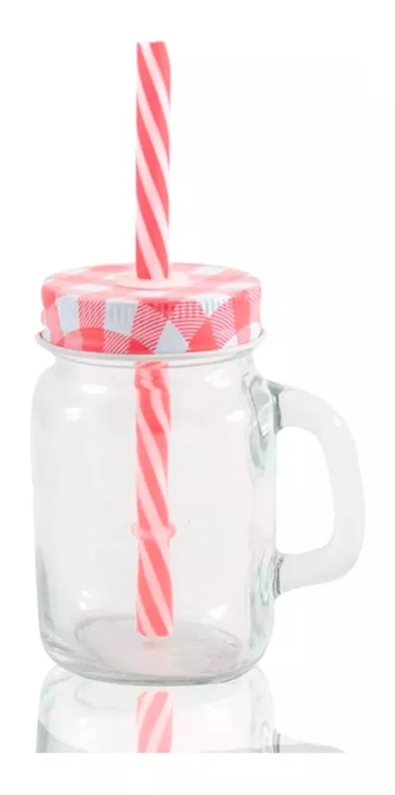 12 Mason Jars 4oz Mini Con Asa Frasco Tarro Vaso Tapa Popote