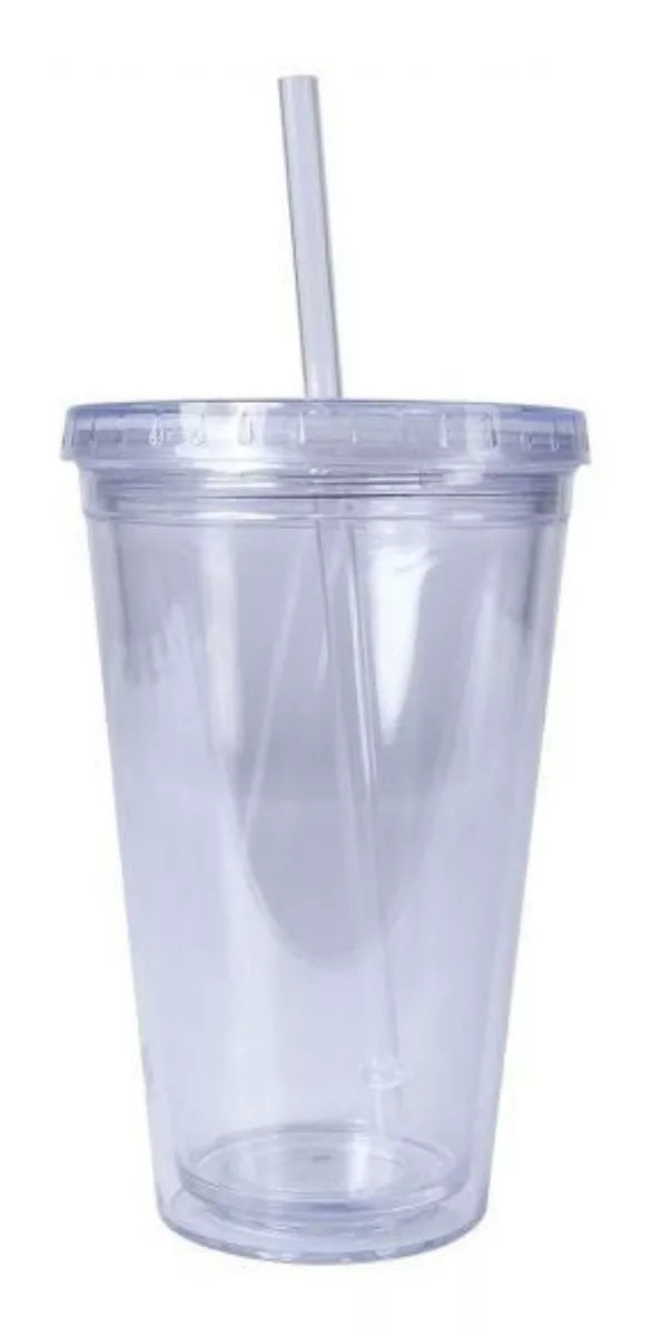 Vaso Doble Pared Transparente Tapa Popote Plastico 500ml