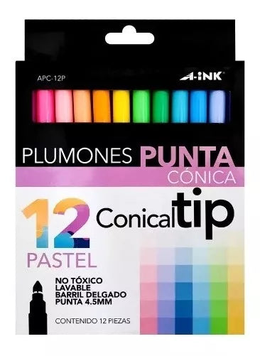12 Plumones Colores Pastel A-ink 4.5mm Punta Conica