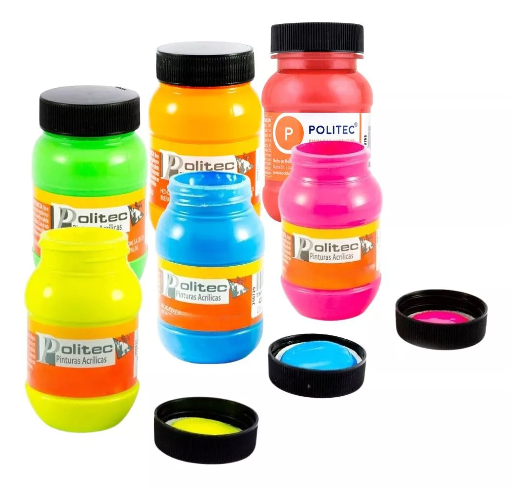 Set 6 Pintura Acrilica Politec Neon Fluorescente 100ml Color