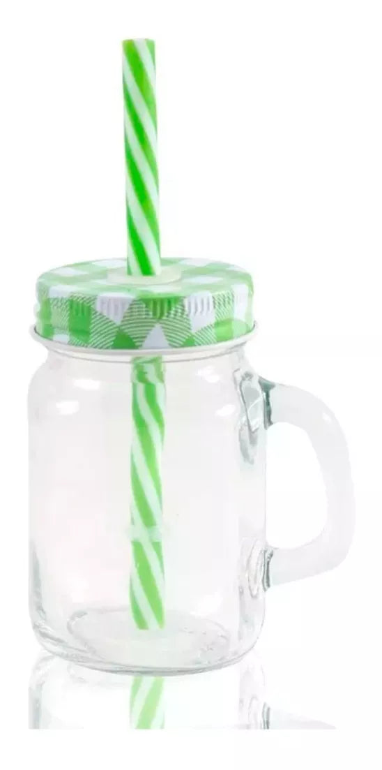 12 Mason Jars 4oz Mini Con Asa Frasco Tarro Vaso Tapa Popote