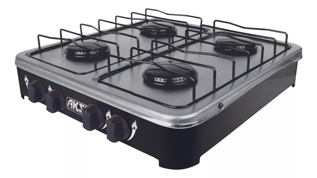 Estufa Mesa 4 Quemadores Aksi Negro Acero Inoxidable
